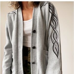 Bob Mackie Gray Fleece Button Cardigan Black Flame Embroidered Sleeves